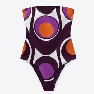 Zara Strapless Retro Circle One-Piece Swimsuit - Purple, Orange & White